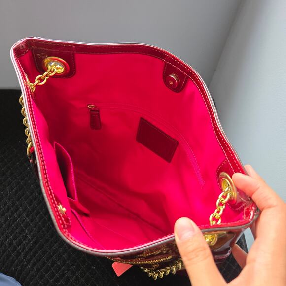Coach Poppy Embossed Crimson Patent Leather Chain Strap Slim Tote Shoulder Bag - Picture 7 of 10